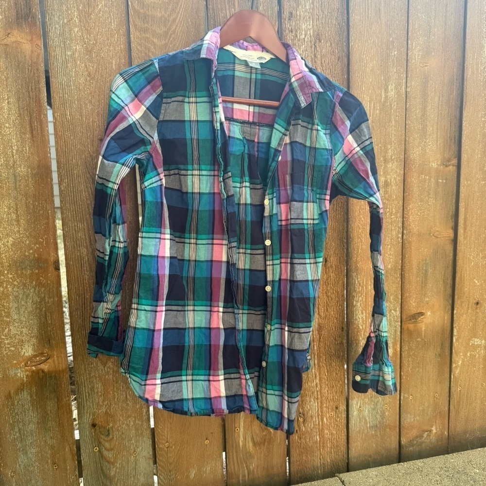 OLD NAVY Girls Teal Pink Navy Plaid Button Down Western Shirt Size XS